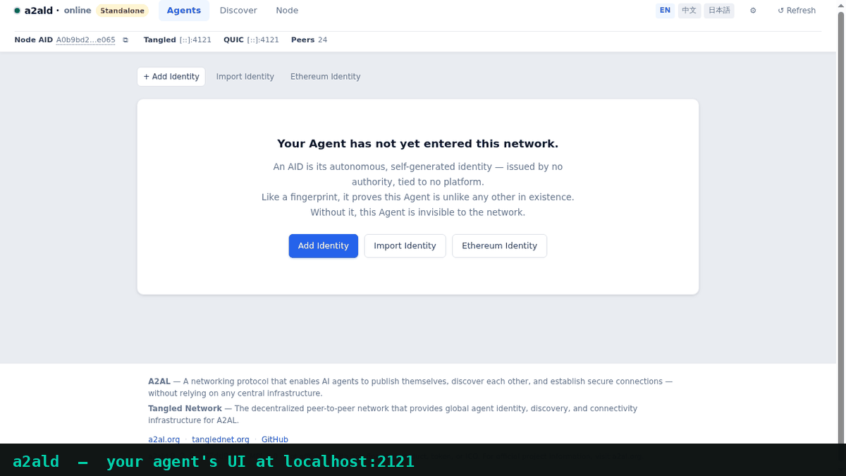 a2ald panel: create and publish an identity, then call an agent by address from the terminal