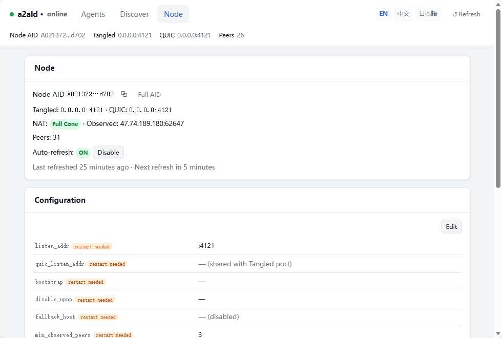 Screenshot: a2ald Node screen